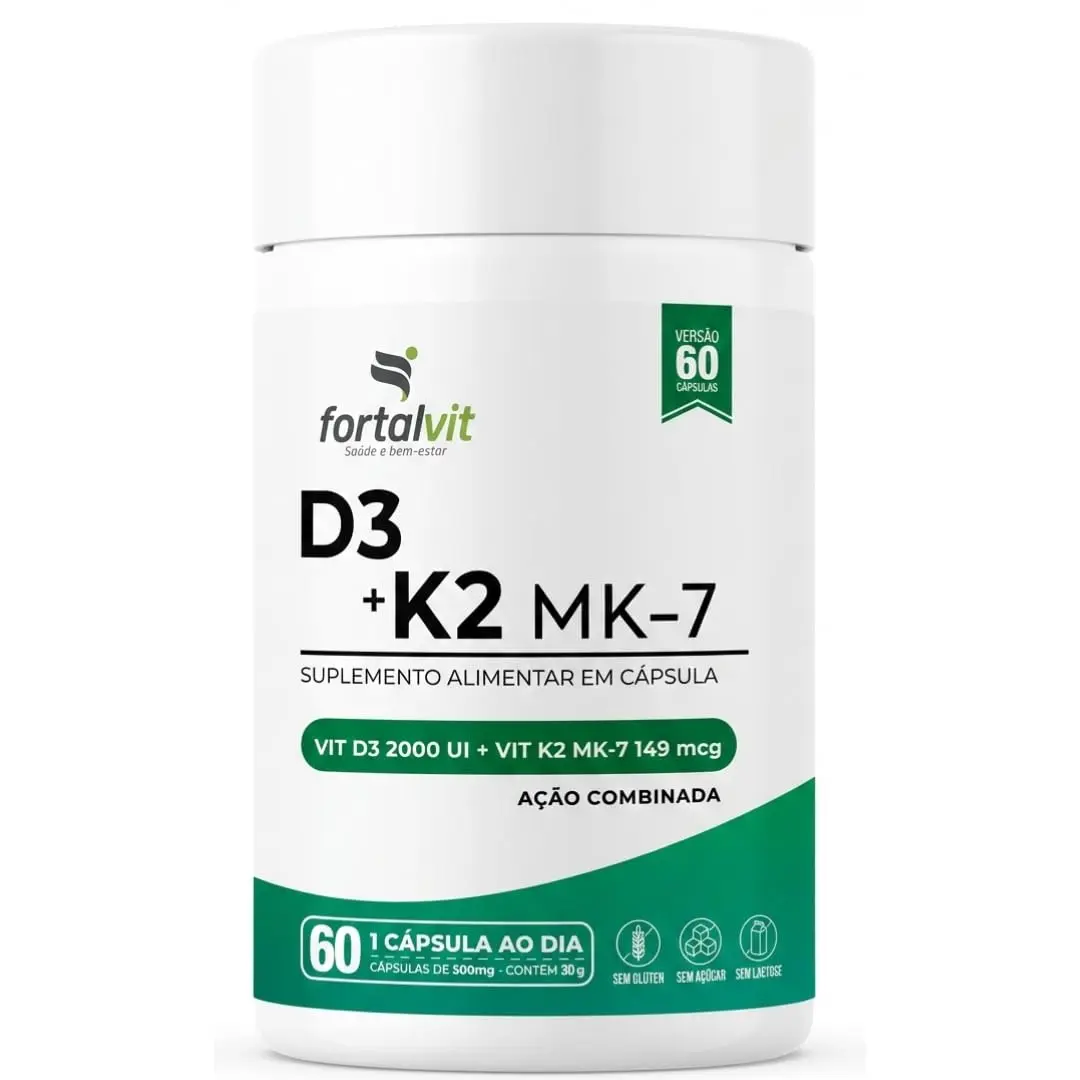 Vitamina D3 + K2 60 Cápsulas 2 Meses de Uso, 2000UI D3 149mcg Vitamina K2 MK-7, Fortalvit - 1