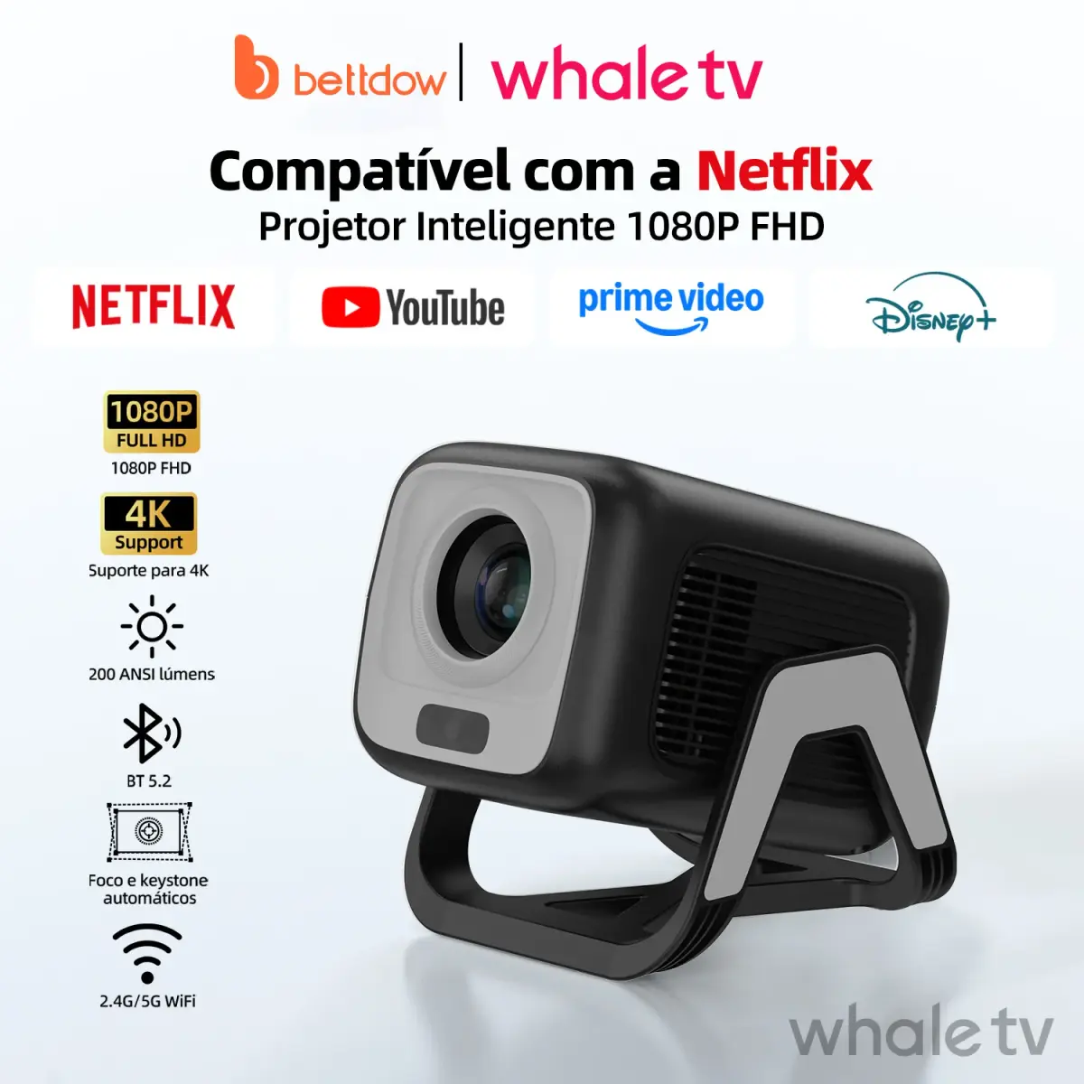 Projetor BETTDOW 4K 1080P Full HD com Certificação Oficial Netflix, 200 ANSI Lumens, Android 13 com Controle por Voz e Suporte Rotativo - 1