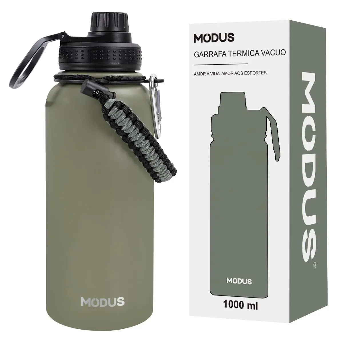 MODUS Garrafa Térmica Aço Inoxidável 18/8 Isolado de água 950ML | Com Alça Paracord (Verde Oliva)