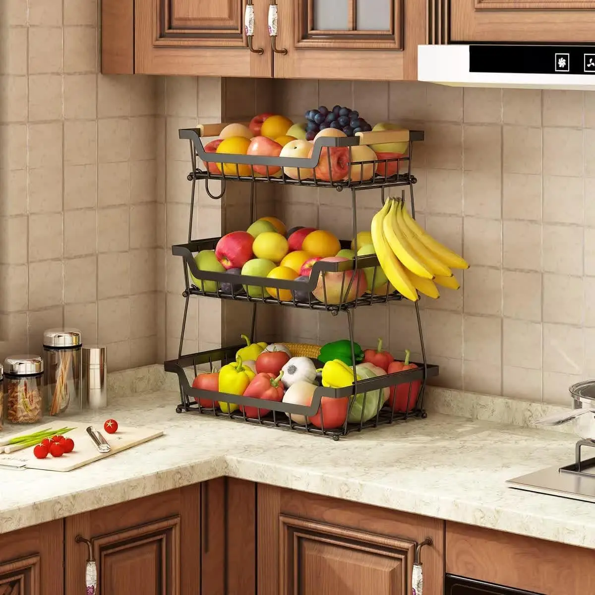 Fruteira de Mesa Organizador de Frutas de 3 Níveis, Cesto de Frutas de Metal com Alça, Armazenamento Multifuncional para Verduras e Frutas de Cozinha