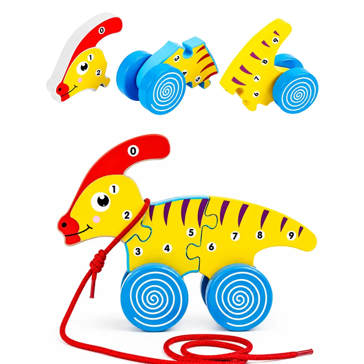 Brinquedo Educativo Montessori Madeira Montar e Puxar 2+ Dino Amarelo | Encaixe e Construção • Coordenação Motora • Criatividade • Concentração • 2anos+
