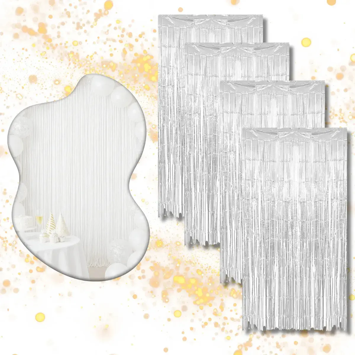 Kit 4 Cortina Metalizada Festa Fita Decoração Painel Franja Branco