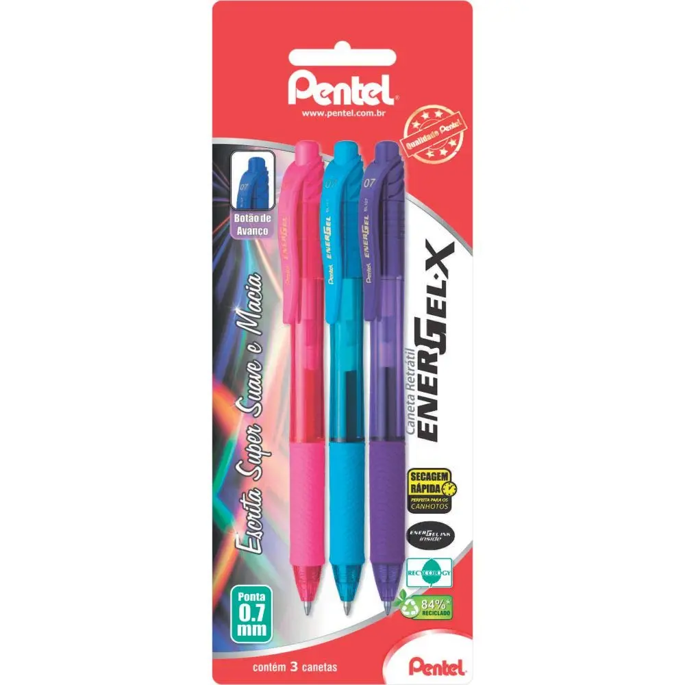 Pentel Caneta Gel Energel X Retrátil 0.7mm Kit 3 Cores Rosa Azul e Violeta SM/BL107-PSVN