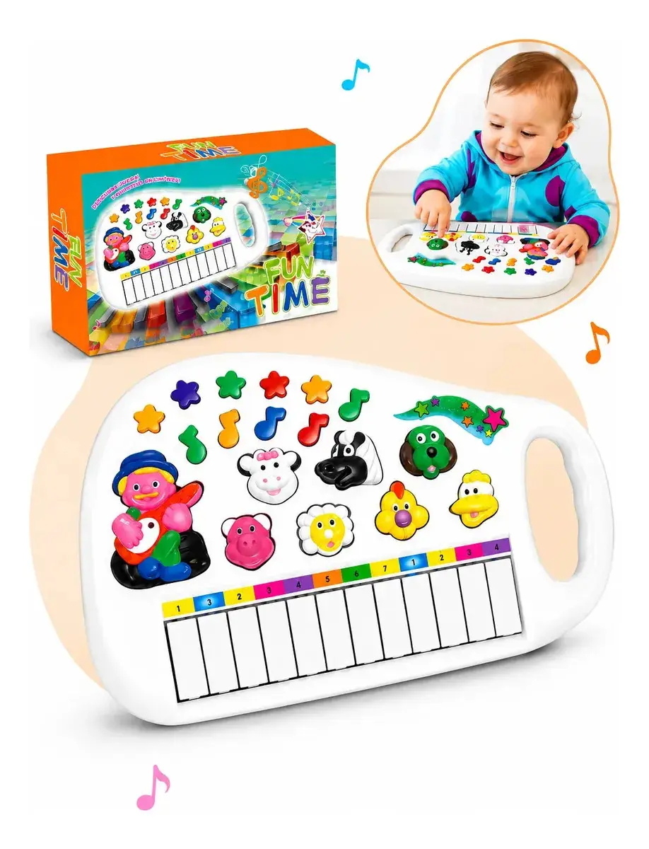 Teclado Fazendinha Piano Pianinho Infantil Bebê Criança Musical Com Som De Animais 12 Teclas Branco Kizumba - 1