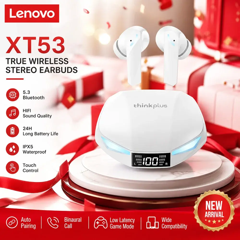 Fones de Ouvido Sem Fio Lenovo XT53 TWS para Jogos, Bluetooth 5.4, Latência Ultra Baixa, Display Digital LED, Graves Estéreo, Chamada HD, IPX5 à Prova d'Água