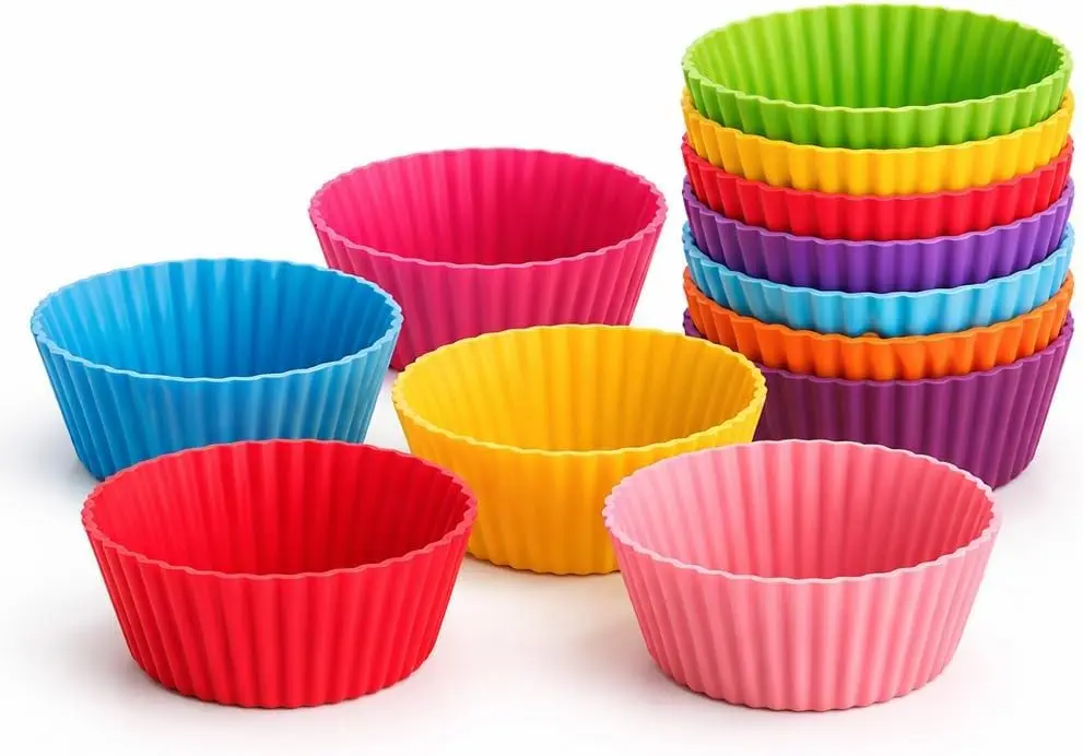 Kit 24 Forminhas Premium de Silicone para Cupcake, Muffin, Bolinho, Assadeira, Air Fryer, Cores Variadas, Resistente a Temperatura, Forminhas, Livre de BPA