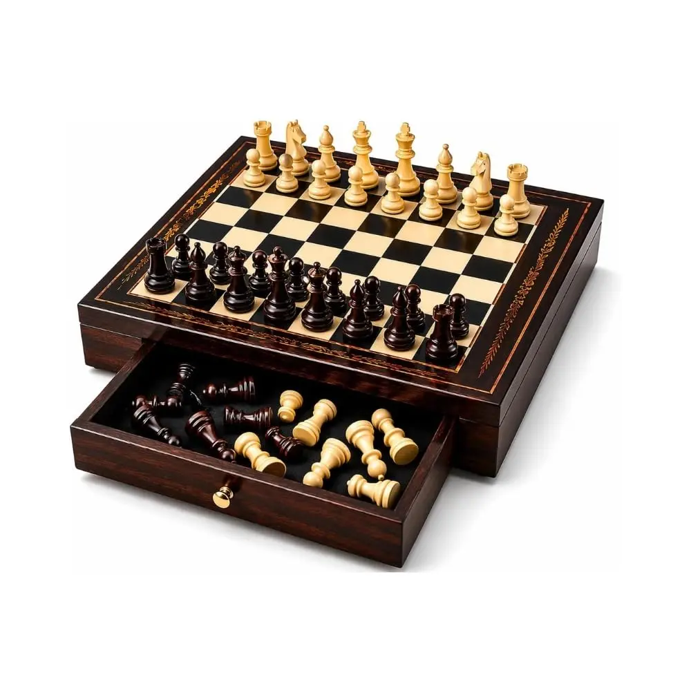 Jogo de Xadrez de Madeira com Gaveta, Tabuleiro 24x24 cm, Peças Esculpidas, Luxo, Estilo Clássico