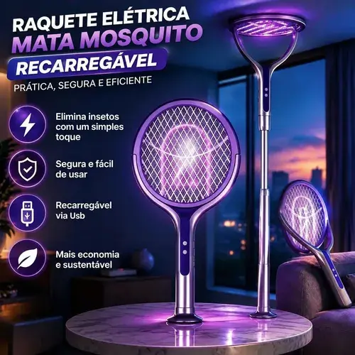Raquete Elétrica Mosquito Dobrável 3 Em 1, Usb Luz Uv - 1