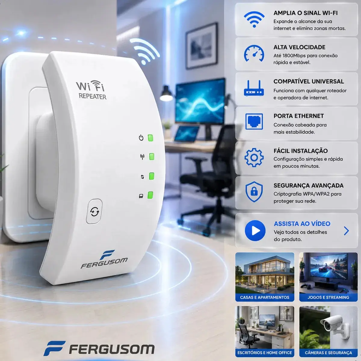 Repetidor De Sinal Wifi Roteador Wireless Amplificador Potente Sem Fio Turbo Cor Branco 1800mbps Longo Alcance Internet Porta Ethernet Casa Escritório Configuração Fácil Marca Fergusom