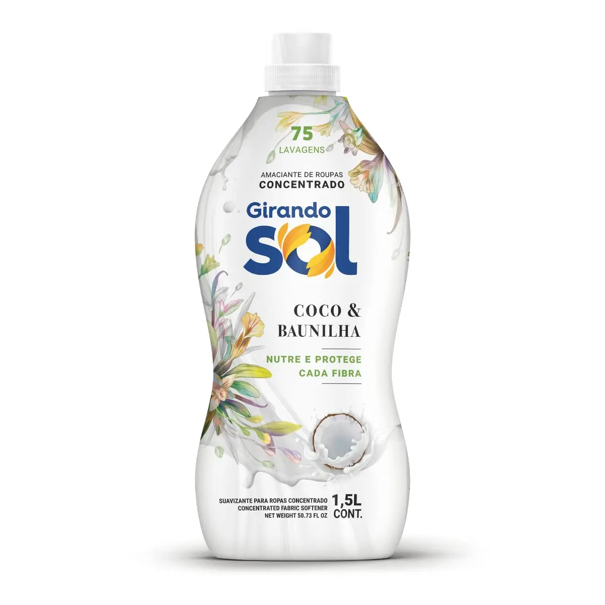 Amaciante de Roupa Concentrado Girando Sol, Coco e Baunilha, 1,5L | Branco, 75 Lavagens, Nutre e Protege Cada Fibra