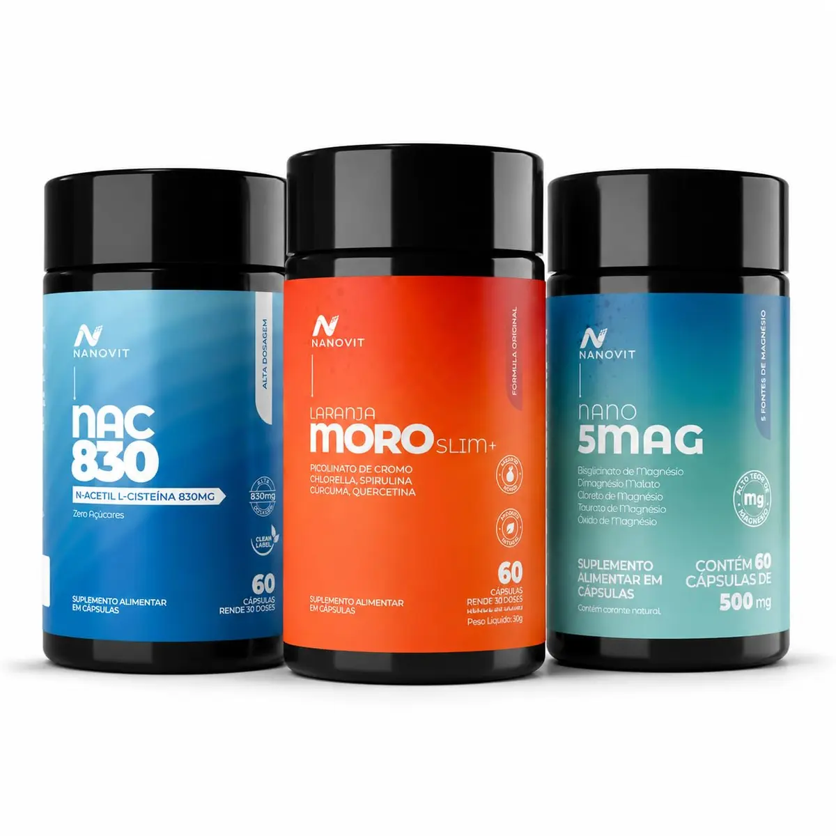 Kit Nanovit NAC 830mg + Nano Ultra Magnésio 5 em 1 + Laranja Moro Slim+ Antioxidante Energia Metabolismo e Bem-Estar 3 Suplementos - 1