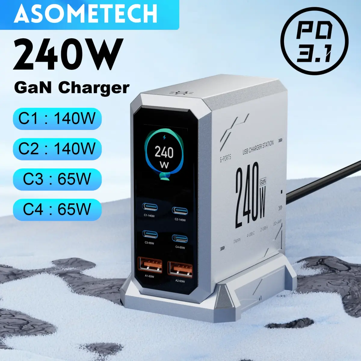Carregador gan de 240w 6-em-1 140w pd3.1 pps usb tipo c display digital estação de carregamento rápido para iphone 16 15 macbook laptops samsung