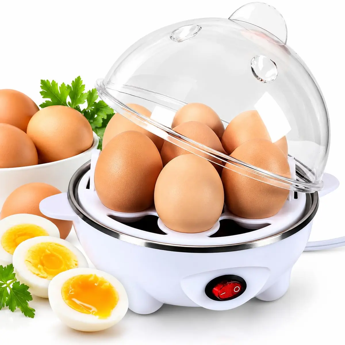 Cozedor Elétrico de Ovos a Vapor 7 Unidades, Egg Cooker Portátil com Desligamento Automático, Escalfador Legumes Vapor, Compacto para Café da Manhã Saudável, Cozinha, Trailer e Viagem 110V