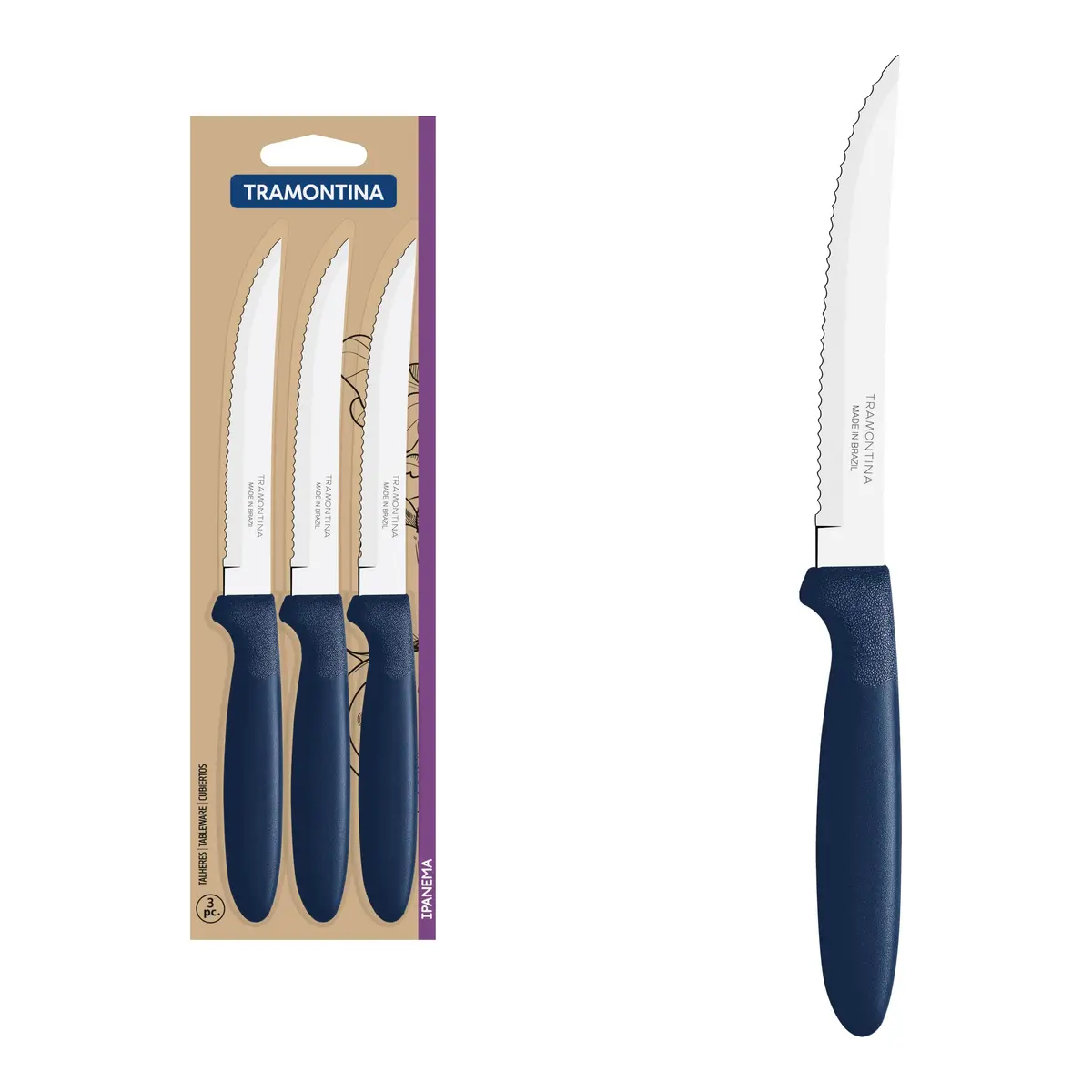 Conjunto De Facas Para Churrasco Tramontina Ipanema Com Lâminas Em Aço Inox E Cabos De Polipropileno Azul 3 Peças