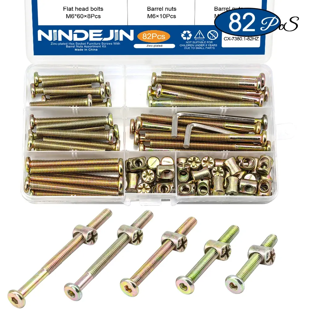 82 pçs/set M6 Hex Soquete Cabeça Cap Parafusos de Móveis Parafusos de cama de bebê banhados a zinco e porcas de barril Kit sortido para armário de berço - 1