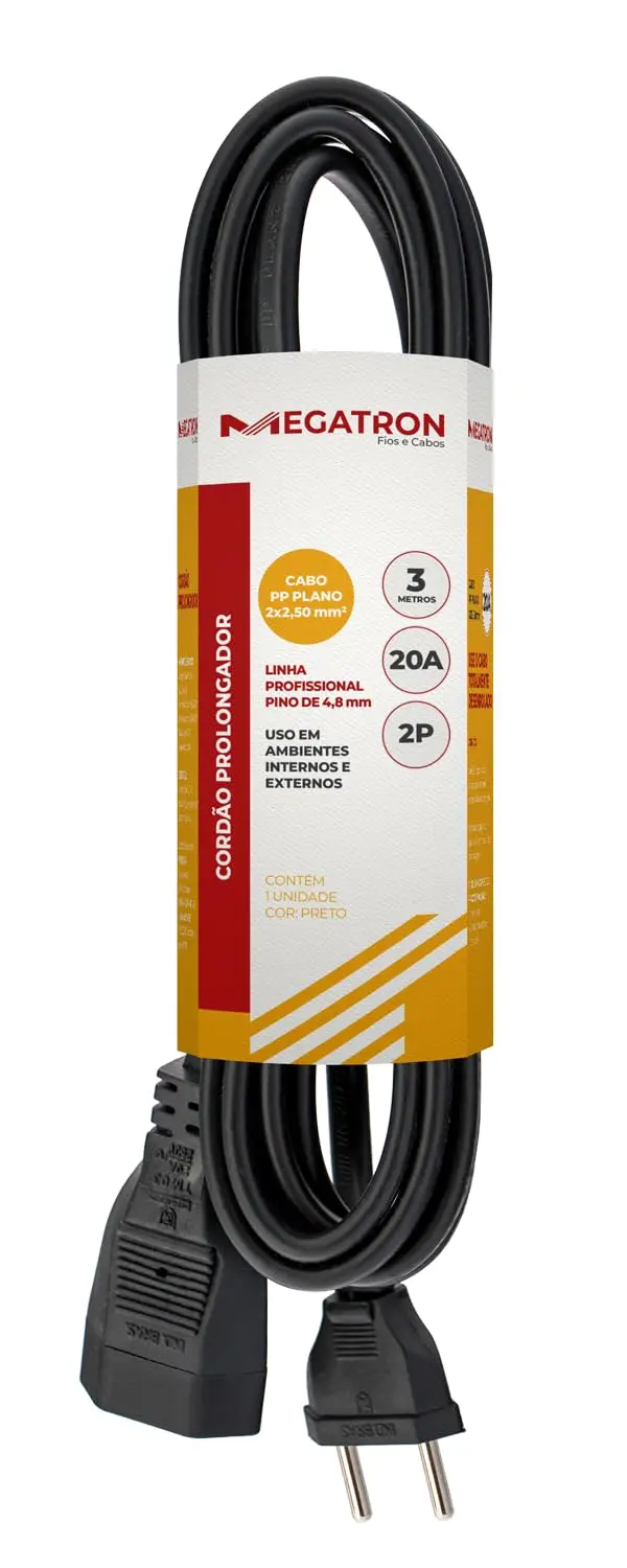 Cordão Prolongador Cabo PP 20A 250v 3x2,50-3,0 m preto