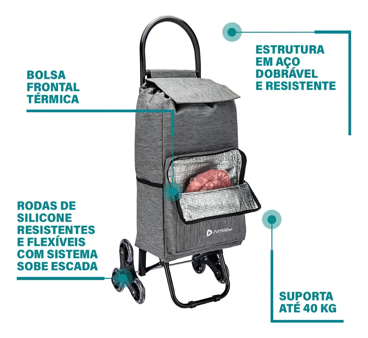 Carrinho Compras Feira Térmico Artiko Go Sobe Escada 40kg Cor Cinza thumbnail 2
