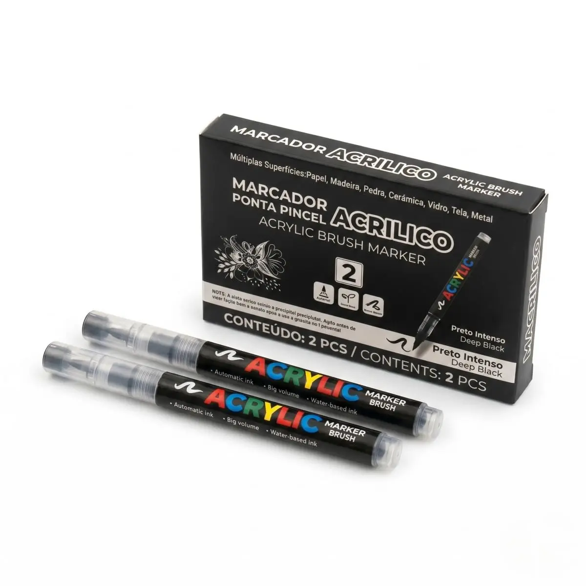Caneta Acrílica Marcador Permanente Ponta Pincel, Vidro, Porcelana - KIT 2 UN Preta - 1