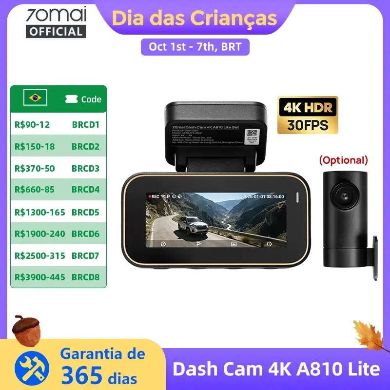 Câmera Veicular 70mai A810 Lite 4K HDR + 1080P, Supercapacitor 4G LTE Controle Remoto Wi-Fi 6 GPS Controle por Voz DVR para Carro 70mai A810 Lite