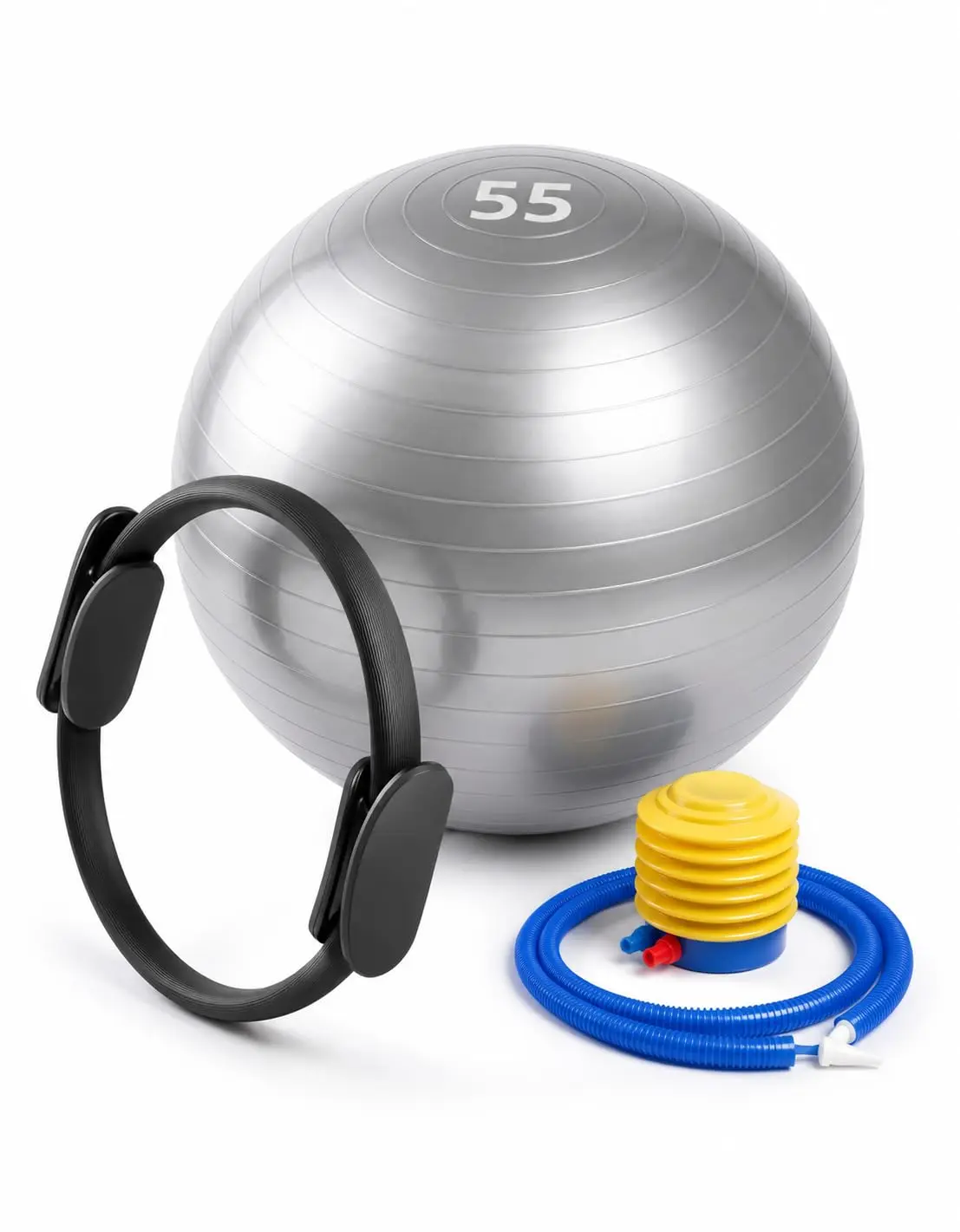 Kit Pilates, Bola de Exercício 55cm com Bomba, Anel Tonificador, Látex Anti-Estouro, para Yoga, Ginástica, Fisioterapia, Suporta 200kg
