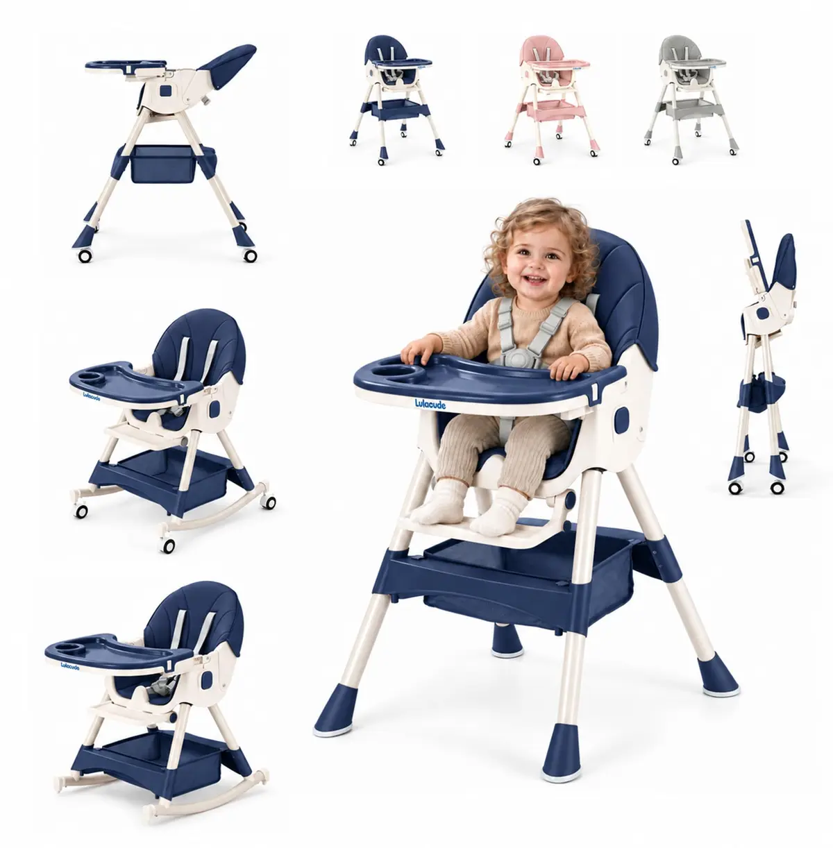 Cadeira de Alimentação Bebê Portátil 6 em 1, Dobra com um Toque. (Azul) | Bandeja e Encosto com 3 Ajustes, Cinto 5 Pontos, Rodas com Freio e Assento em PU Removível de Limpeza Rápida