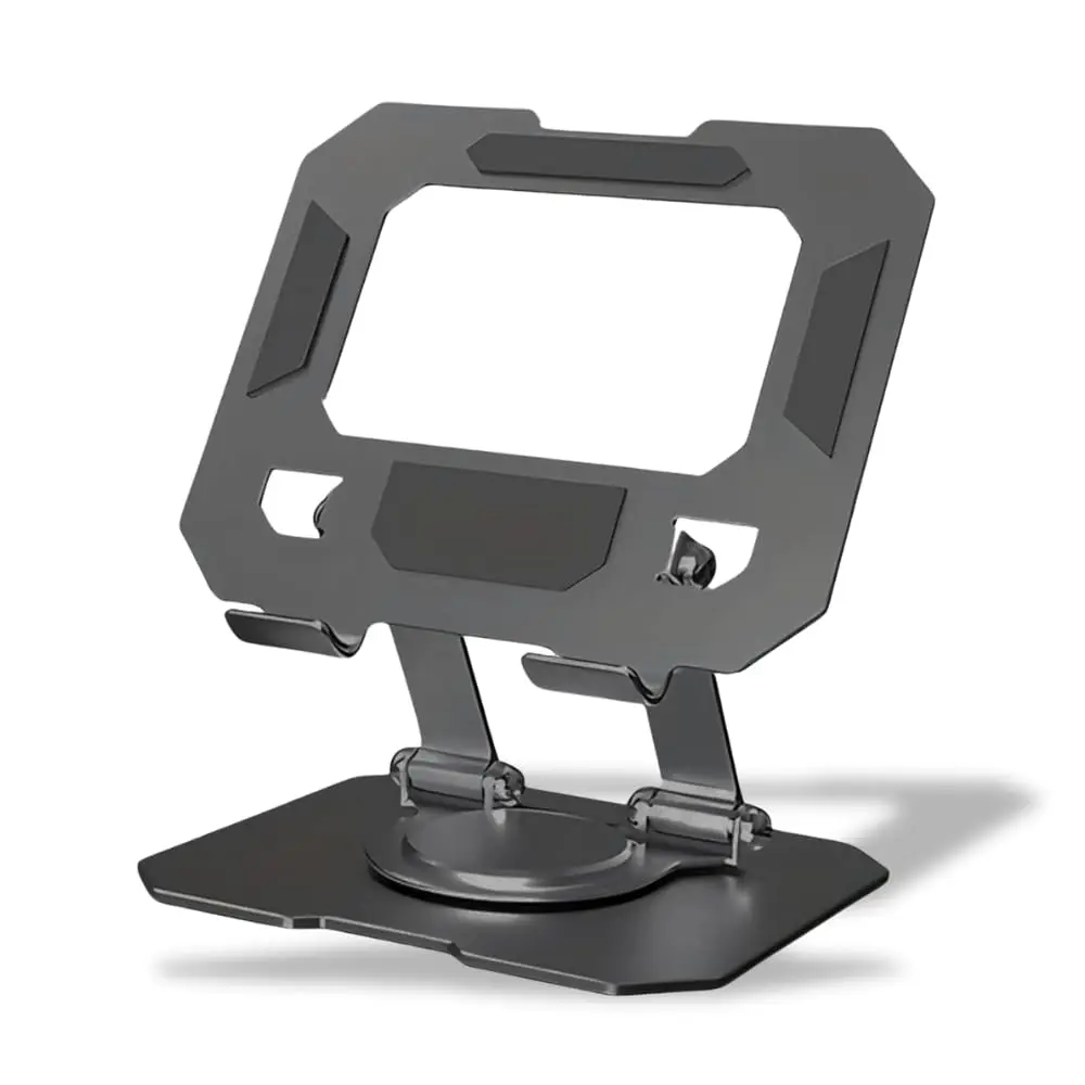 Suporte para Tablet IPad e Notebook de Mesa Articulado Dobrável 360 Graus | Base Giratória, Telas 4 a 13 Polegadas, Também Celular ou Kindle, Aço Carbono Preto, Altura Ajustável, Antiderrapante
