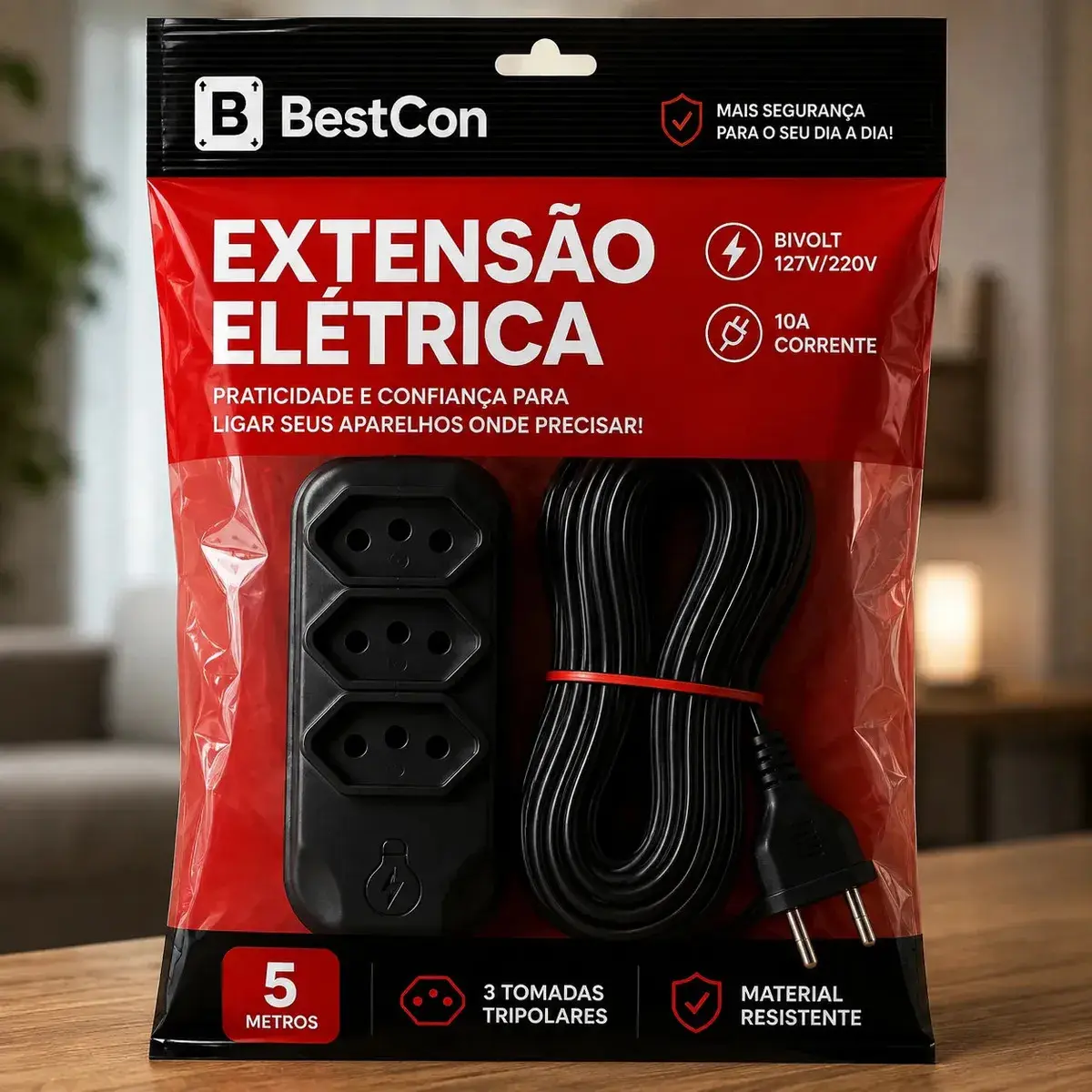 Extensão Elétrica 5 Metros Preta Filtro De Linha 3 Tomadas Energia Bivolt Tripolar Compacta Bestcon