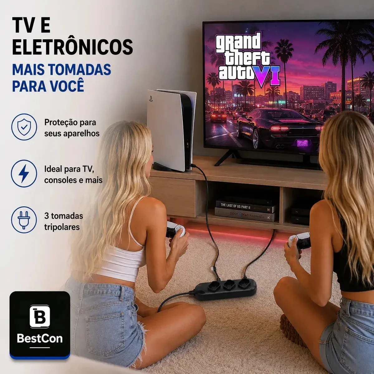 Extensão Elétrica 5 Metros Preta Filtro De Linha 3 Tomadas Energia Bivolt Tripolar Compacta Bestcon thumbnail 2