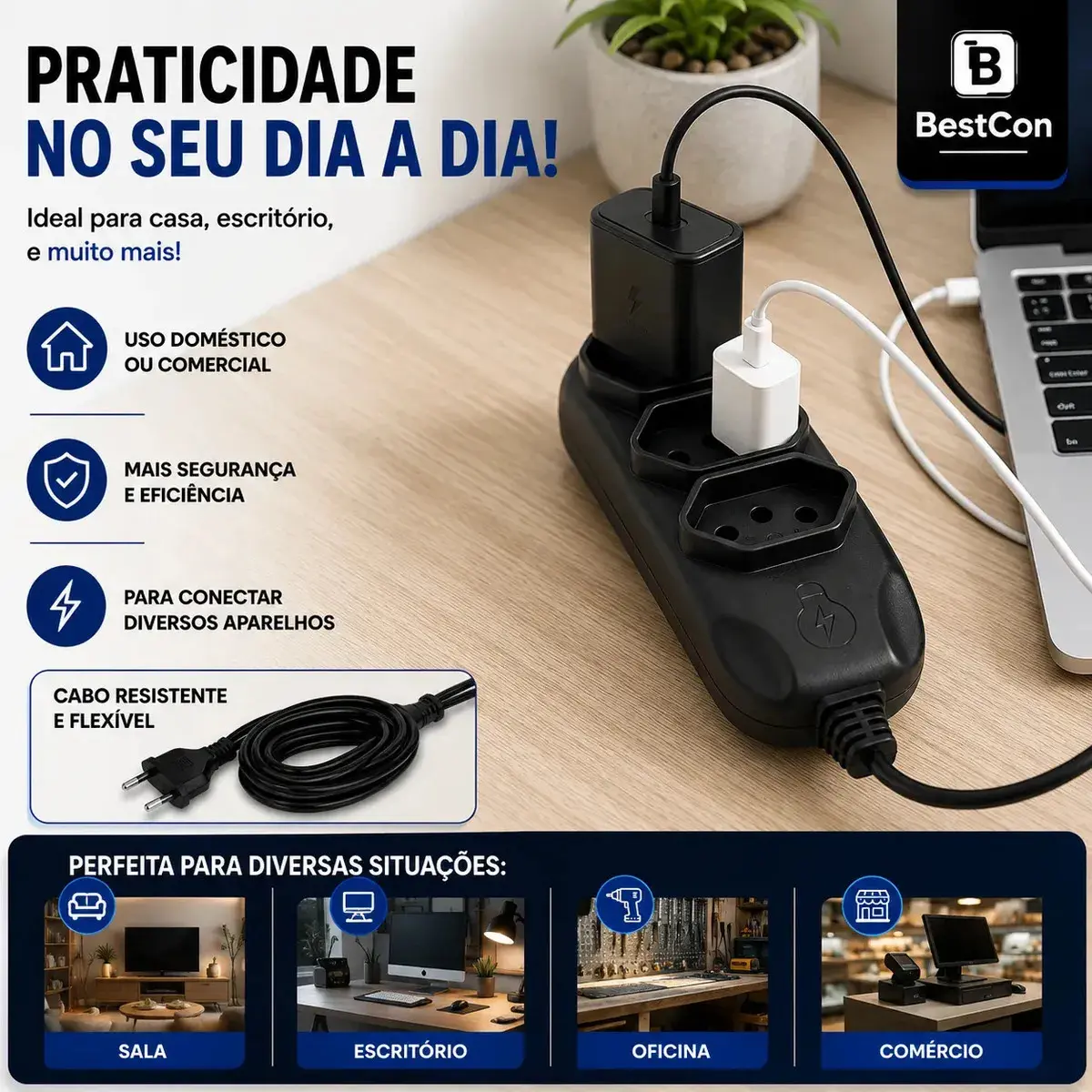 Extensão Elétrica 5 Metros Preta Filtro De Linha 3 Tomadas Energia Bivolt Tripolar Compacta Bestcon thumbnail 4