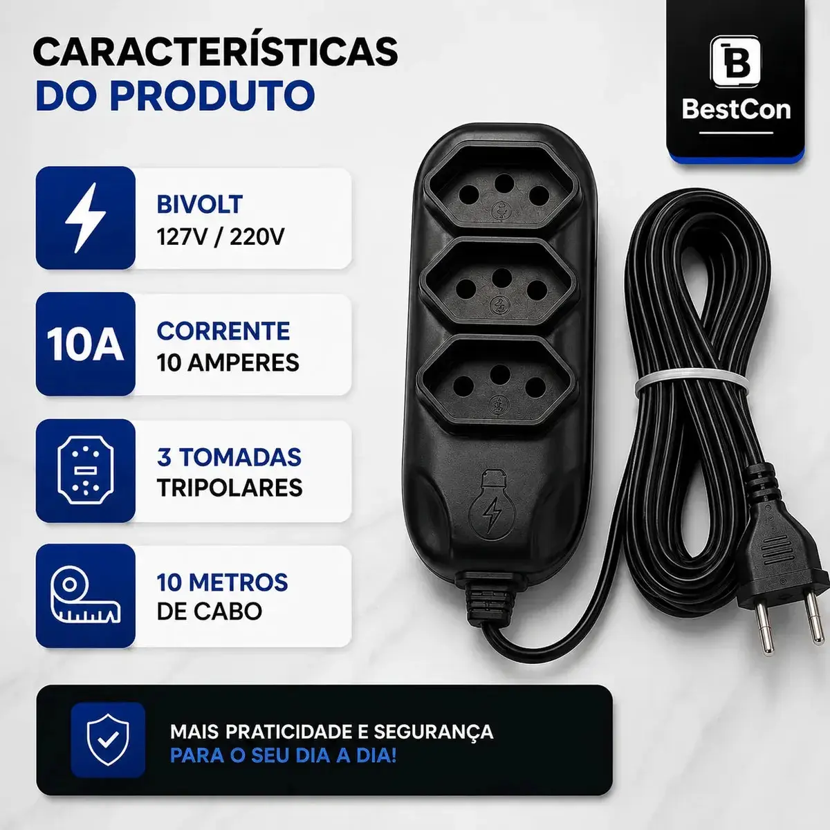 Extensão Elétrica 5 Metros Preta Filtro De Linha 3 Tomadas Energia Bivolt Tripolar Compacta Bestcon thumbnail 5