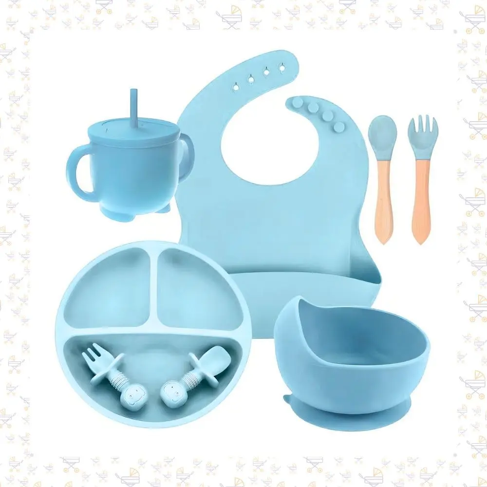 Kit Introdução Alimentar Bebe 8 Peças Antiderrapante BPA Free Prato Dividido Talheres Copo e Babador Infantil Seguro Resistente e Fácil de Limpar (Azul)