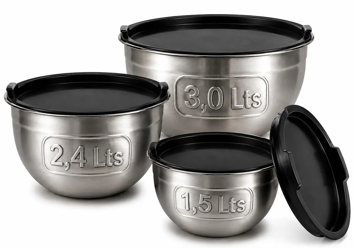 Kit 3 Bowls Inox com Tampa para Cozinha | Aço inoxidável polido, 3 tamanhos para preparar e servir, tampas plásticas para conservar na geladeira