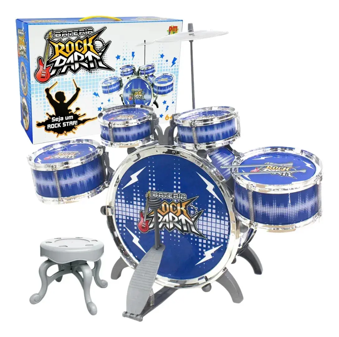 Bateria Infantil Instrumento Musical Rock Party DM Toys Azul DMT6066AZ