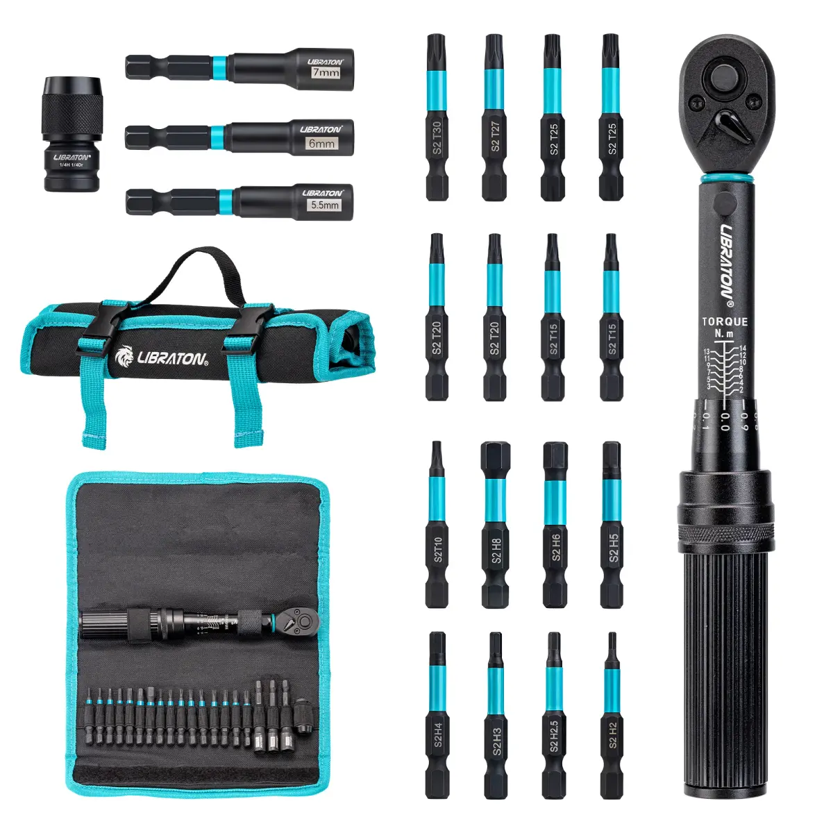 Chave de torque de bicicleta de 1/4 ", 2-14nm, 21 peças, conjunto de chave de torque de bicicleta, chave de soquete com broca de impacto, kit de reparo de catraca de motocicleta