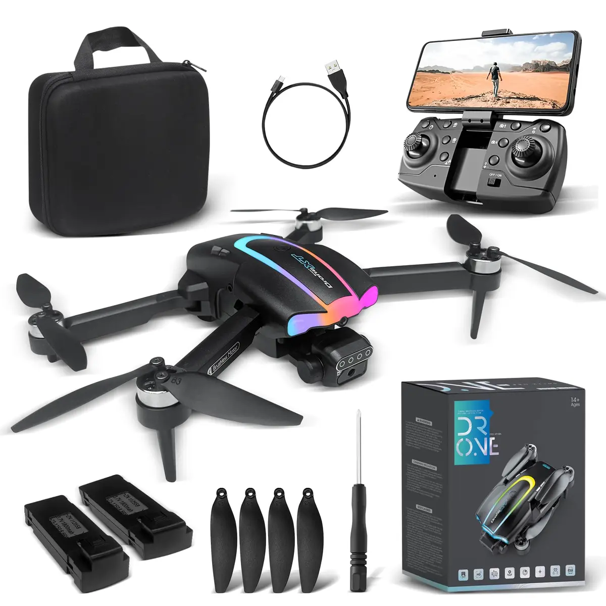 Drone com Camera 6K HD, XT105 Drone Profissional com 2 Baterias, Drones Controle Remoto com Flutuação de Fluxo Óptico, Comutação de Lente Dupla, Alcance 100m