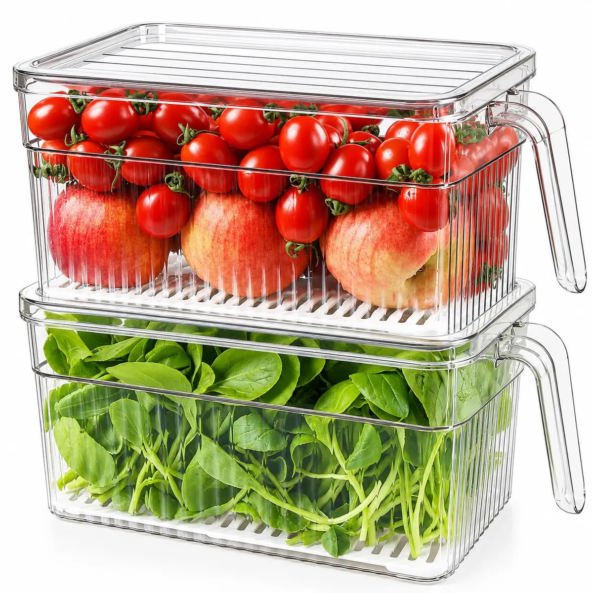 Recipiente Organizador de Geladeira Empilhável, Kit 2 Unidades | Com Tampa, Alça Lateral, Drenador Removível, Transparente, Frutas e Verduras