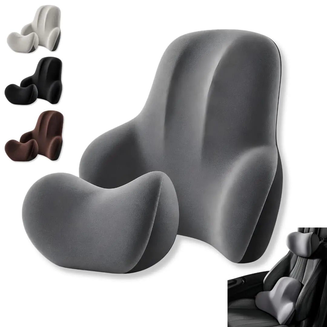 Kit Apoio Lombar e Encosto de Cabeça Ergonômico P/Banco de Carro | Cinza | Espuma de memória com tecido lavável e de alta elasticidade, proporcionando conforto e suporte durante viagens e uso diário.