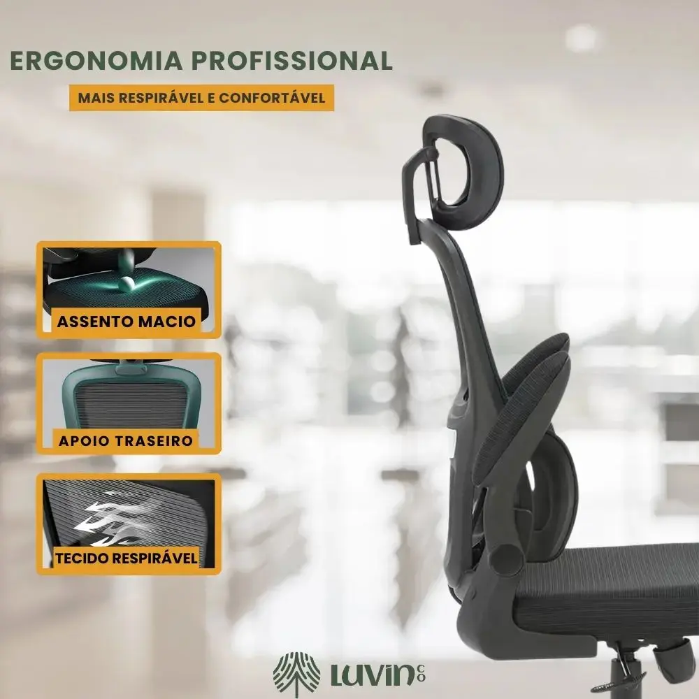 Cadeira Escritório Ergonômica Genebra B500 Luvinco Cor Preto Com Suporte Lombar Estofado Mesh thumbnail 2