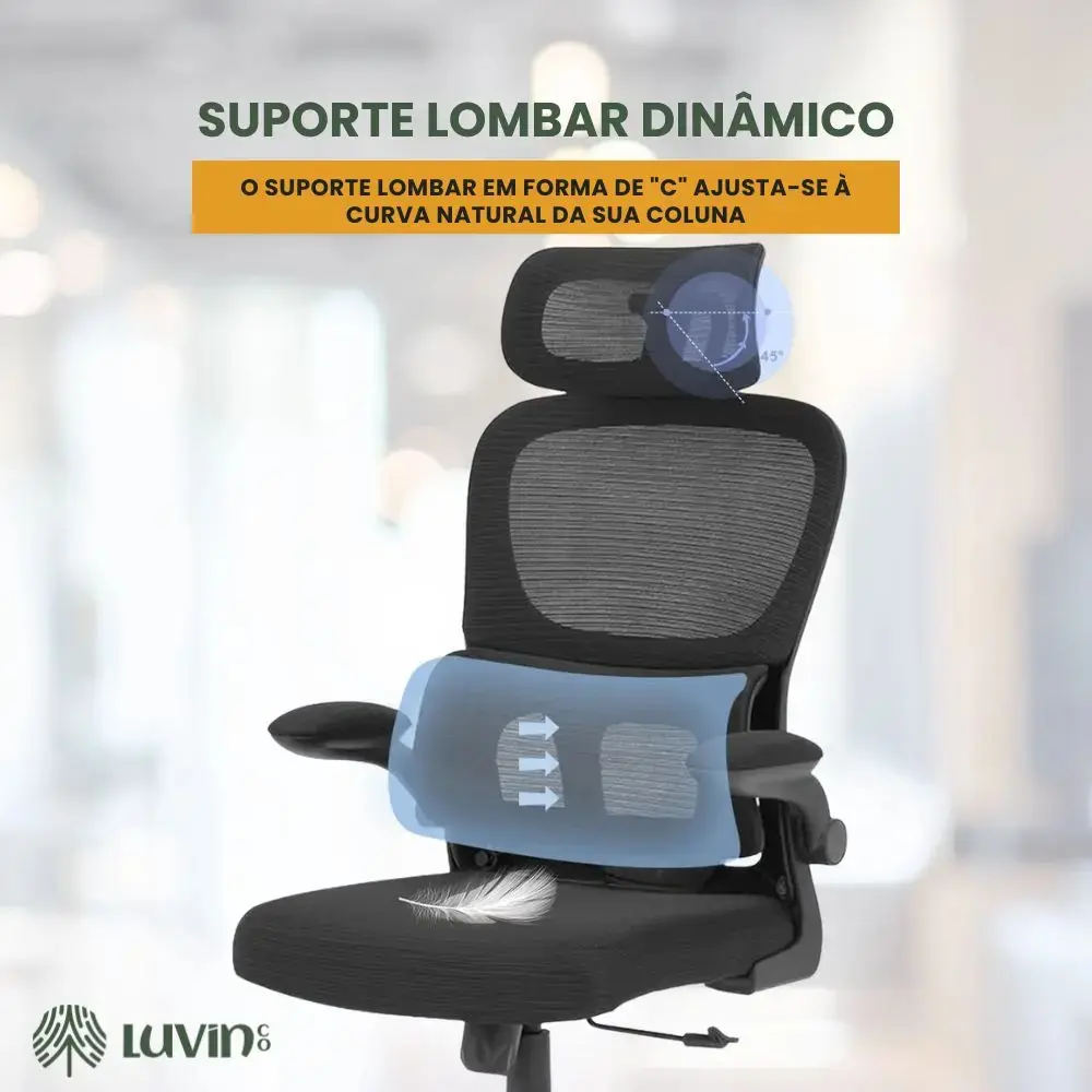 Cadeira Escritório Ergonômica Genebra B500 Luvinco Cor Preto Com Suporte Lombar Estofado Mesh thumbnail 4