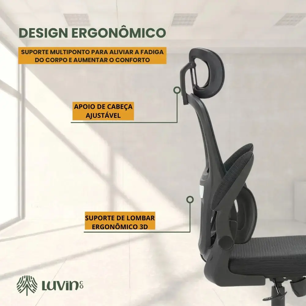 Cadeira Escritório Ergonômica Genebra B500 Luvinco Cor Preto Com Suporte Lombar Estofado Mesh thumbnail 6