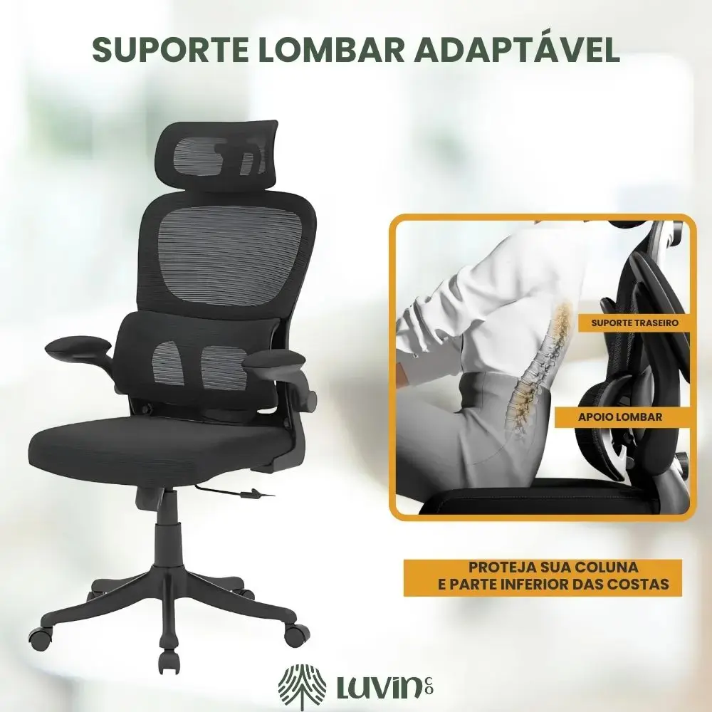 Cadeira Escritório Ergonômica Genebra B500 Luvinco Cor Preto Com Suporte Lombar Estofado Mesh thumbnail 7