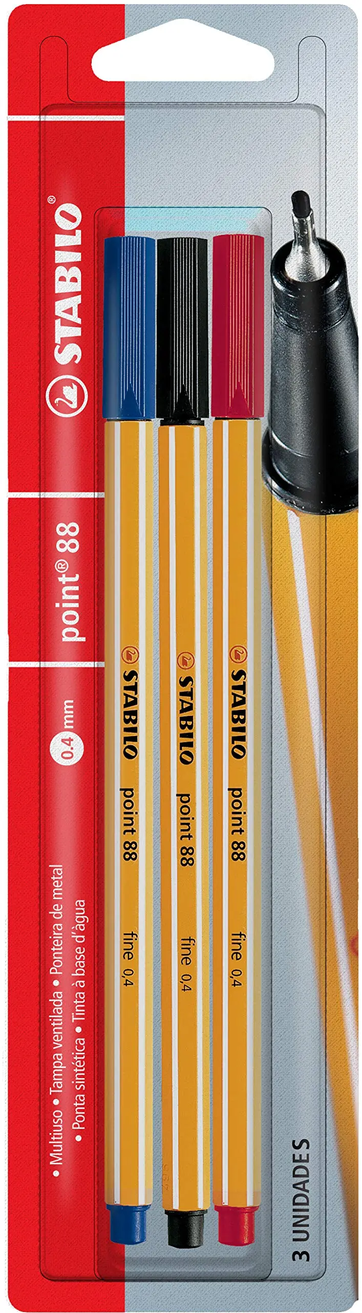 STABILO point 88 Caneta Ponta Fina – Pacote com 3 unidades – Em 3 cores
