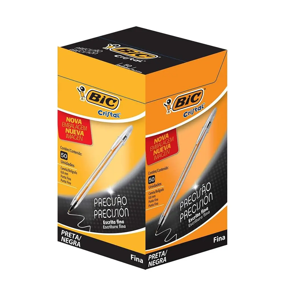 BIC, Caneta Esferográfica Escrita Fina, Cristal Fina, Preta, 50 Unidades