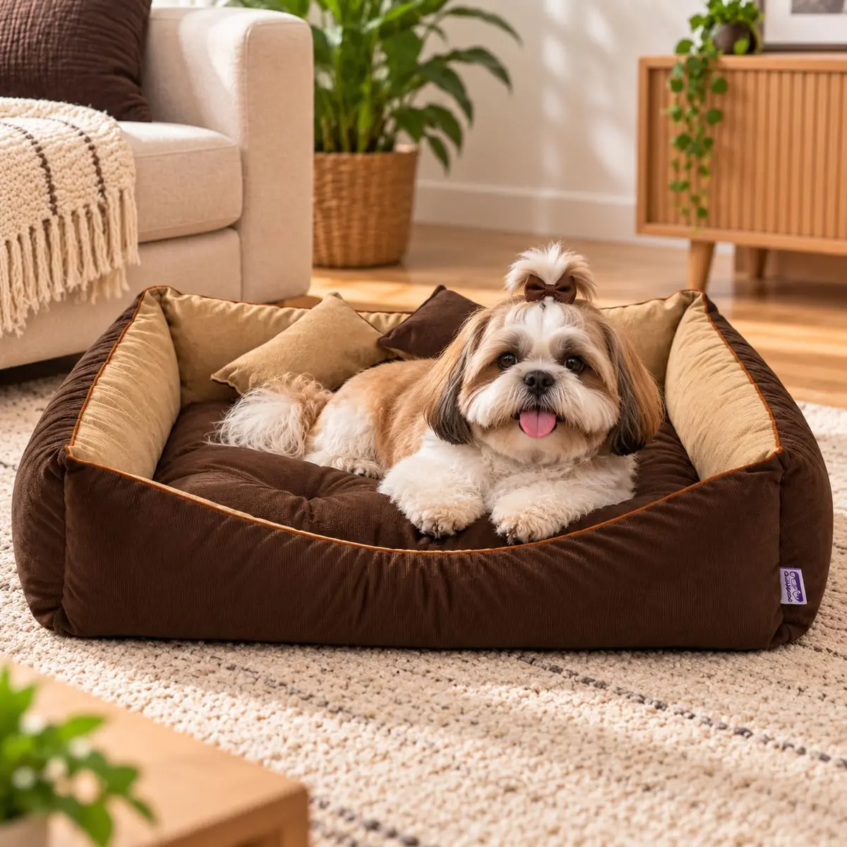 Cama Pet Suede Caminha Cachorro Gato Lavável Impermeável (Marrom, Médio) | Retangular Almofada dupla face Fundo Impermeável Premium