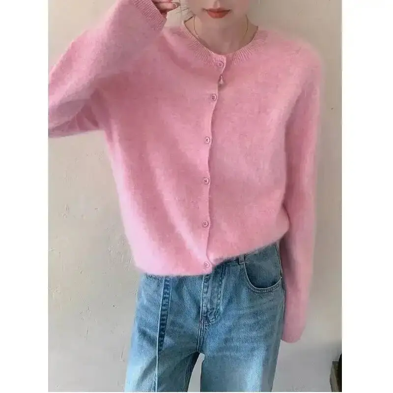 Mulheres velo lã lã cashmere camisola cardigan outono inverno em torno do pescoço sem costura único breasted malhas macias - 1