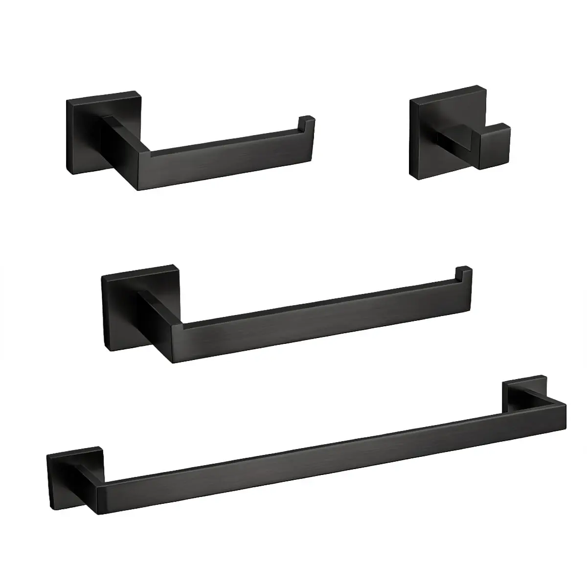 Kit Acessórios Banheiro Inox 4 Peças Preto Andarix | Acabamento Escovado, Design Quadrado, Bordas Chanfradas, Fixação Oculta, Resistente à Ferrugem