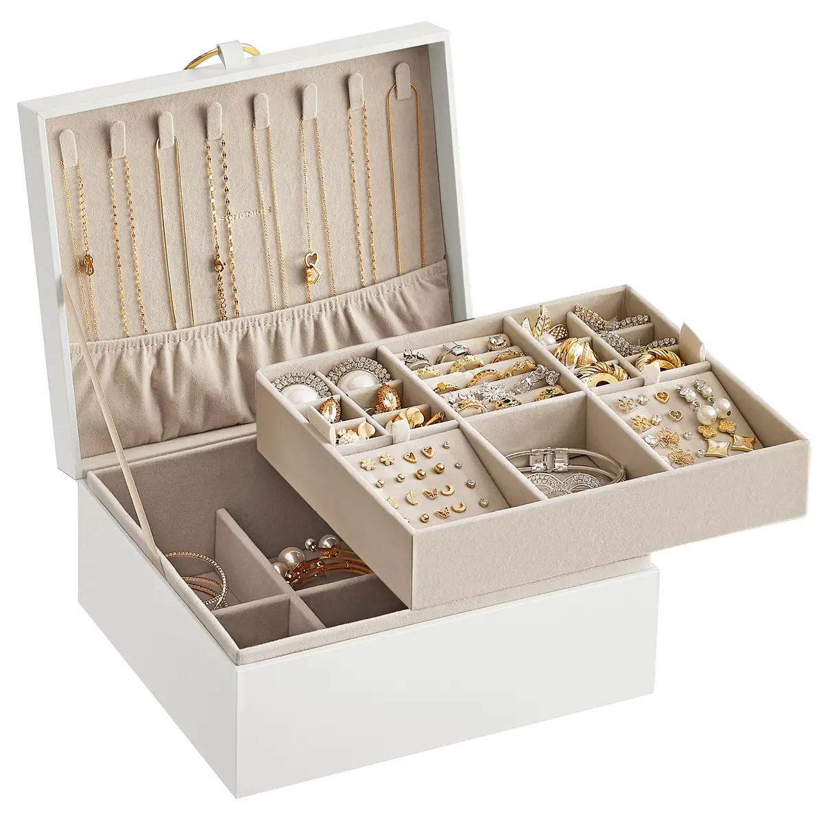SONGMICS Porta-joias de 2 Camadas, Organizador de Joias com Alça, Bandeja Removível, Armazenamento de Joias, Efeito Flutuante, 20,5 x 24 x 11 cm, Ideia de Presente, Branco BRJBC165W01 - 1