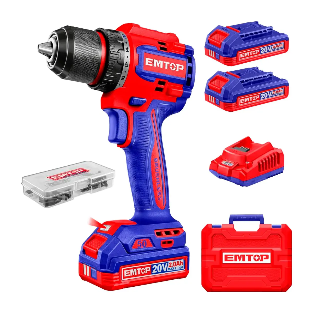 EMTOP Furadeira e Parafusadeira Sem Fio Brushless 20V 50 Nm com 2 Baterias 2.0Ah, Carregador Bivolt e 47 Acessórios