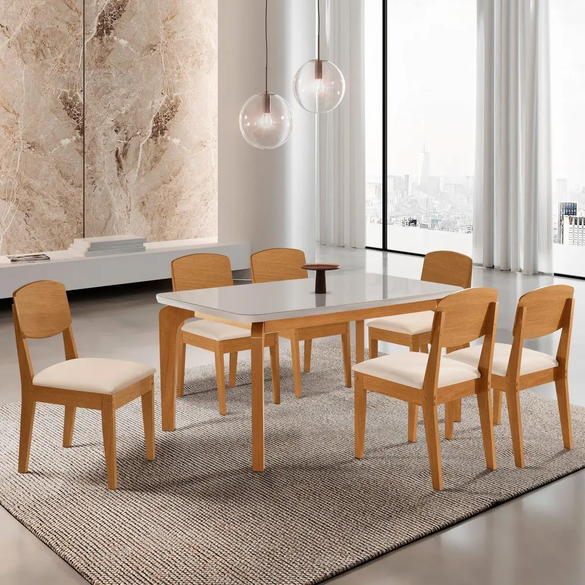 Conjunto Sala de Jantar Mesa Dublin Tampo MDF 180cm Canto Copo com Vidro e 6 Cadeira Cleo Yescasa Marrom/Veludo Creme/Marromle/Off White/Serig Veludo Creme/Naturalle/Off White/Serig OFF