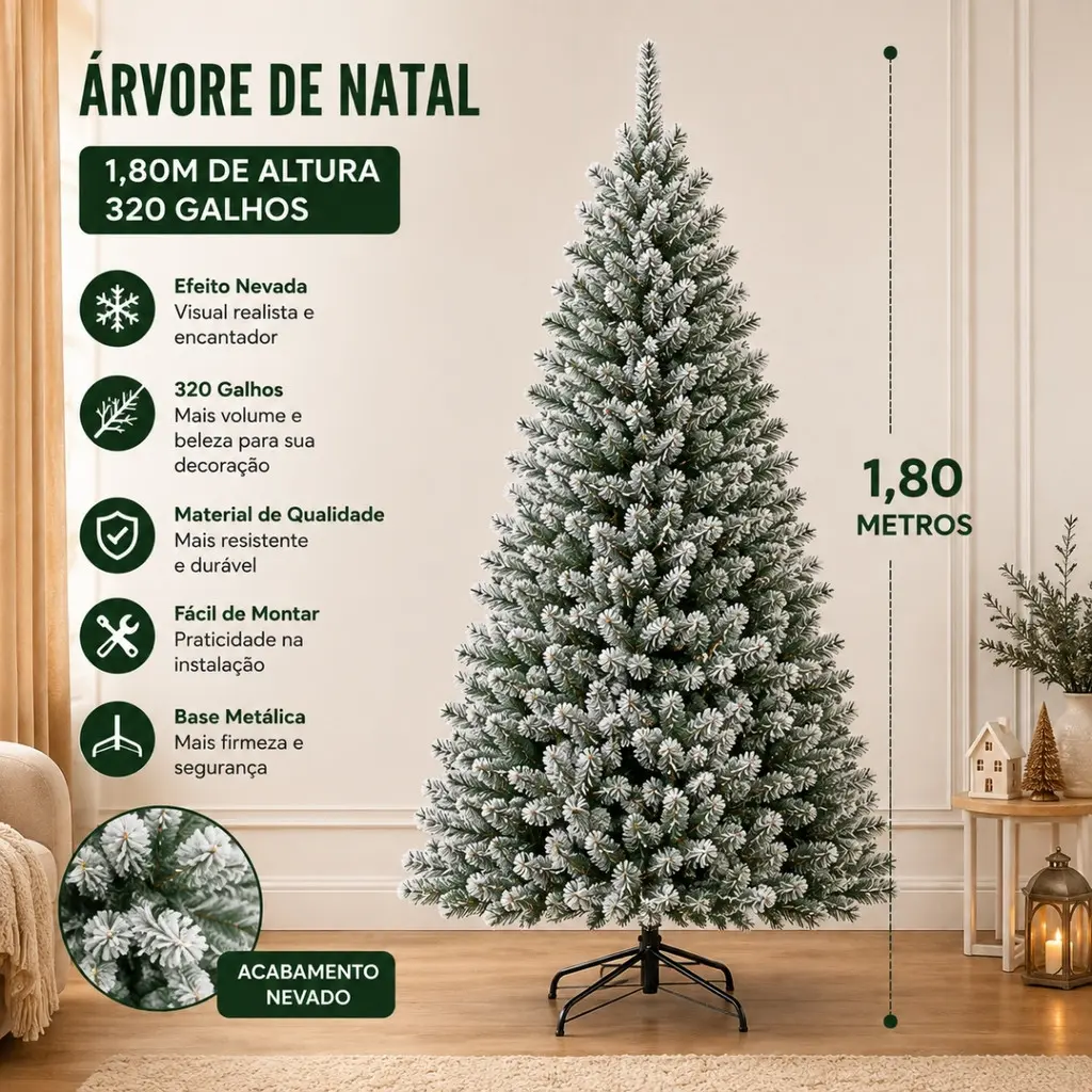 Árvore de Natal Nevada 1,80m com 320 Galhos Árvore de Natal 180cm Branca Volumosa